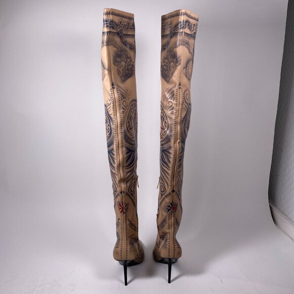 Jimmy Choo x Jean Paul Gaultier Tan Leather 'Tattoo' Over the knee Boots - Picture 4 of 10